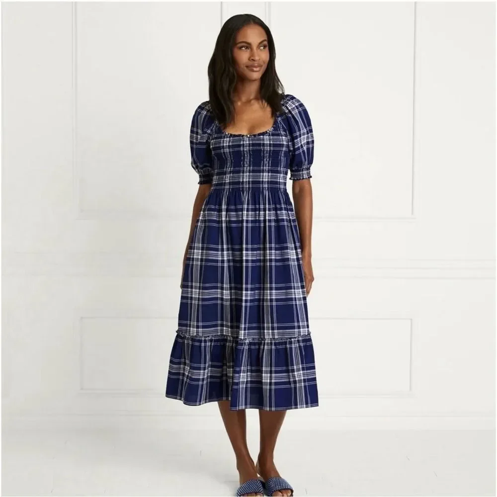Hill House Home Louisa Nap Dress Navy Spring Plaid Tartan Smocked Sz M.MSRP $179 - Picture 1 of 11